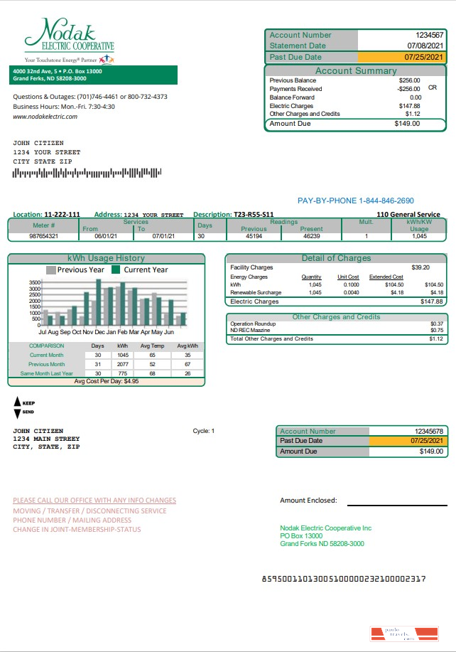 USA North Dakota Nodak Electric Cooperative utility bill template in Word and PDF format